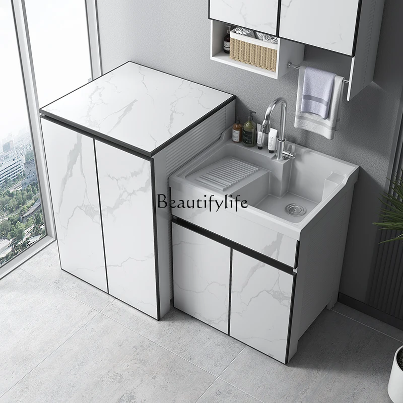 

88.Space Aluminum Balcony Laundry Cabinet Combination Laundry Pool Sink Integrated Cabinet Flip Top Pulsator Washing Machine