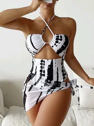 2024 One Piece Swimwear Female With Skirt Halter Swimsuit Women Beach Wear Printed Bathing Swimming Suit Summer Beachwear