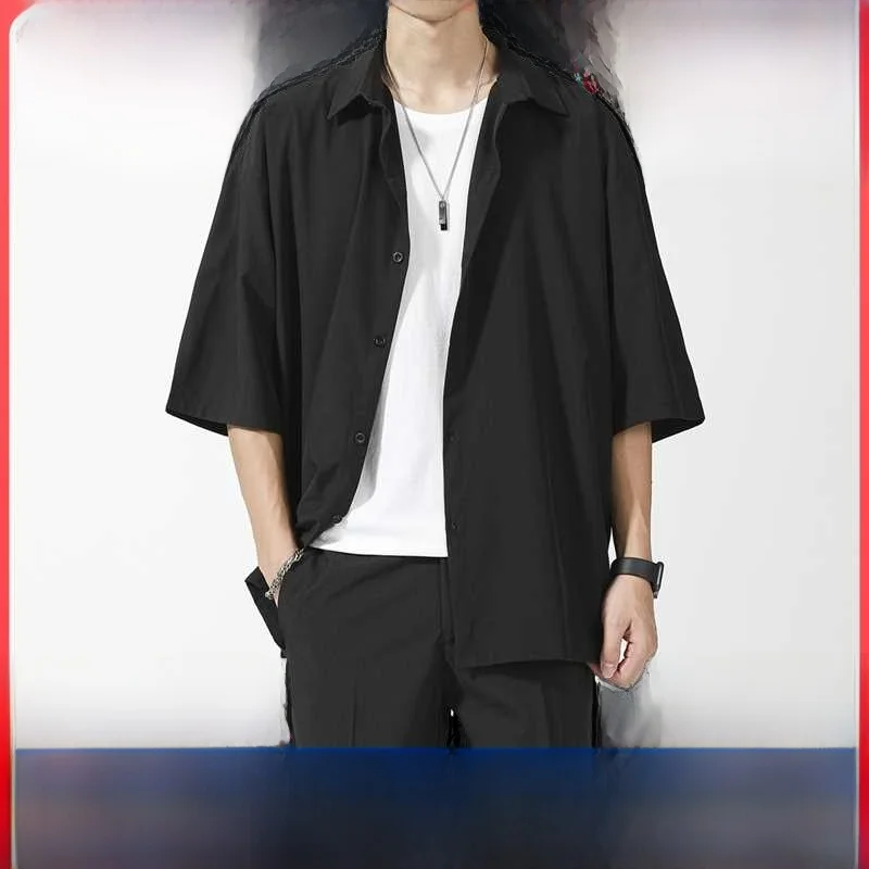 

Bla Ice Silk Loose Men's irt Summer ort Sve Casual Faionable Youth Polyester Fiber No Iron Treaent