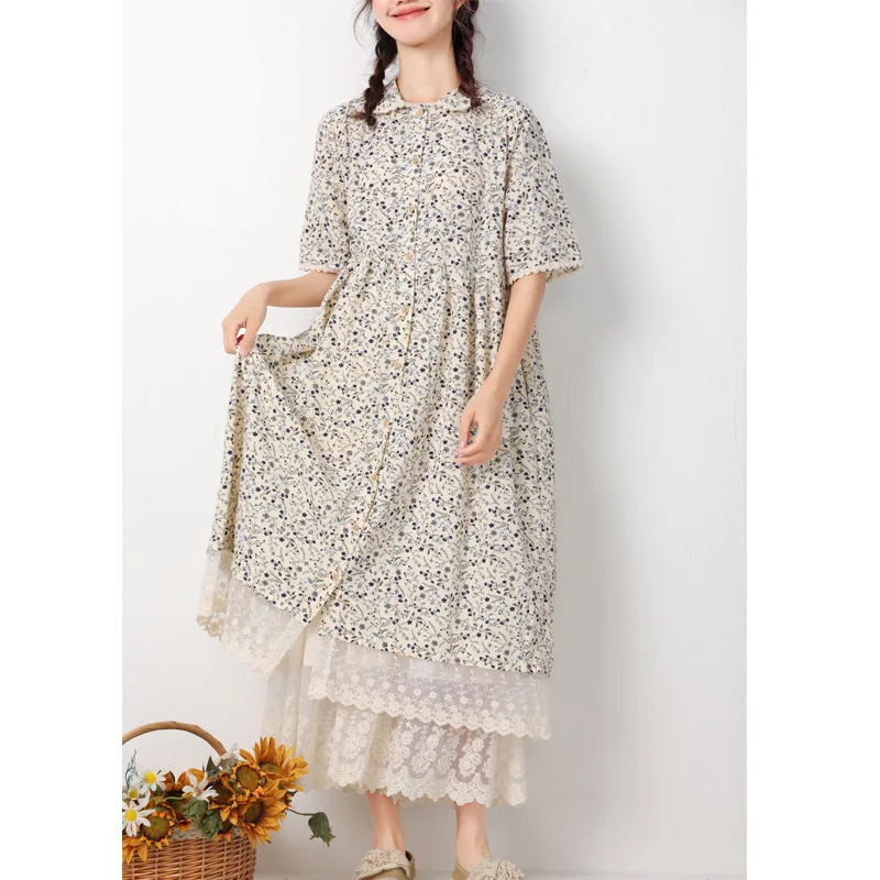 2023 Japanese Mori Gril Dress Summer New Square Neck Lace Floral Dress Women Korean Female Short Sleeve Midi Dress