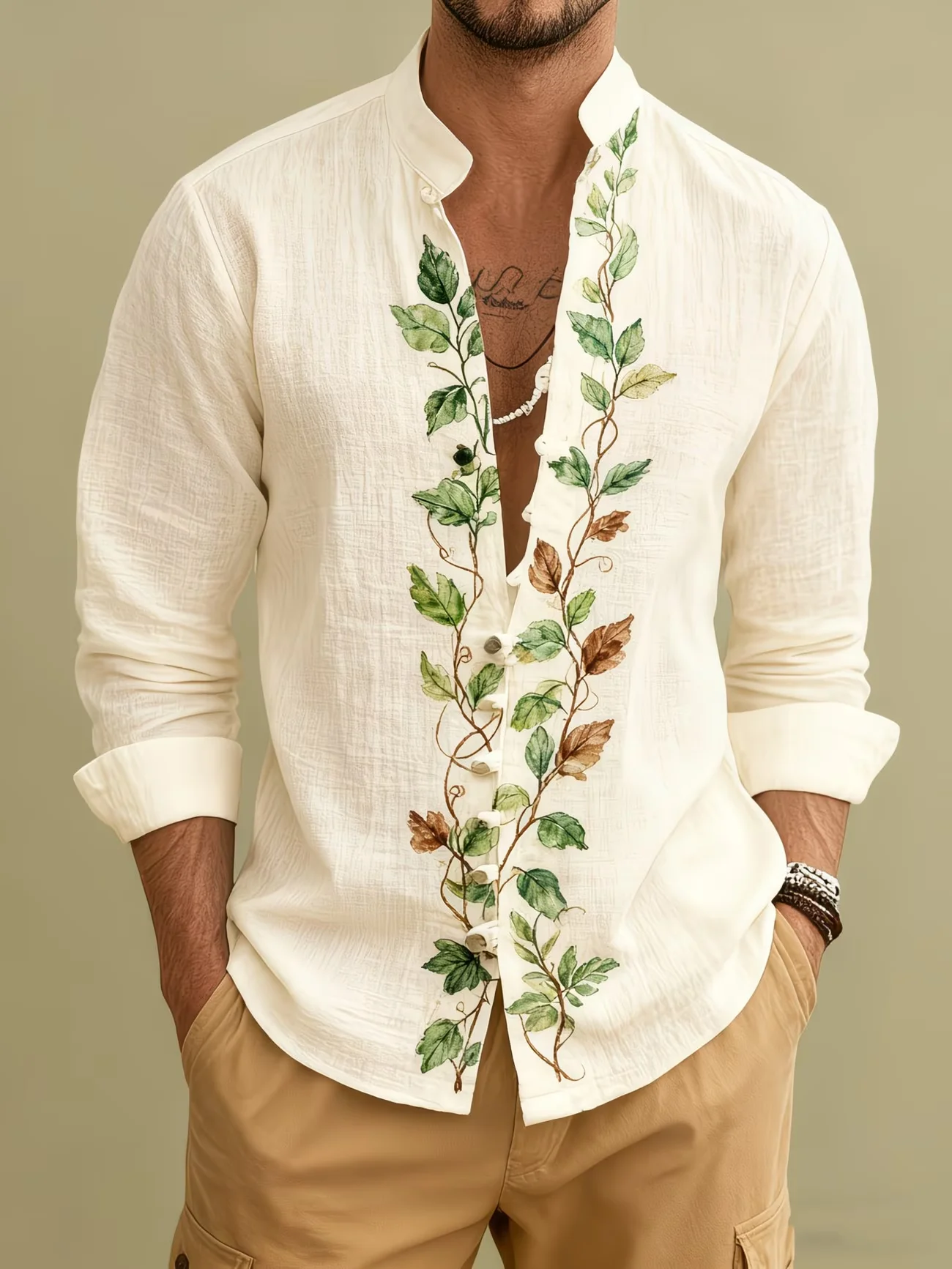 

New men's Long Sleeved Shirt With Linen Horse pattern, Fashionable 3D Coral Print Art high-quality Shirt