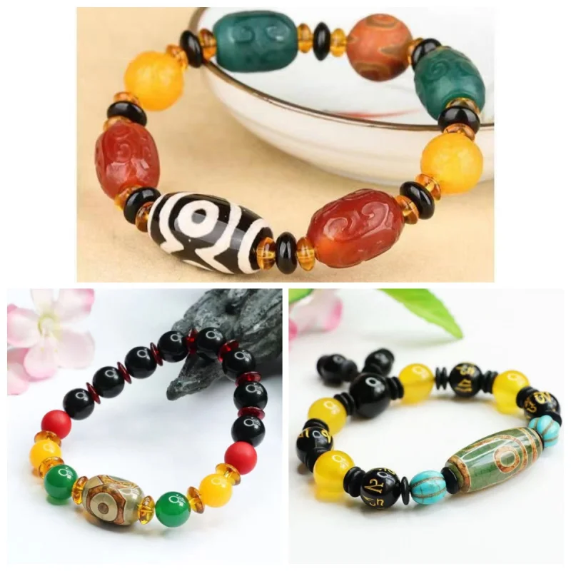 Duobao Chalcedony Single Circle Black Agate Three Eyes Beads Bracelet