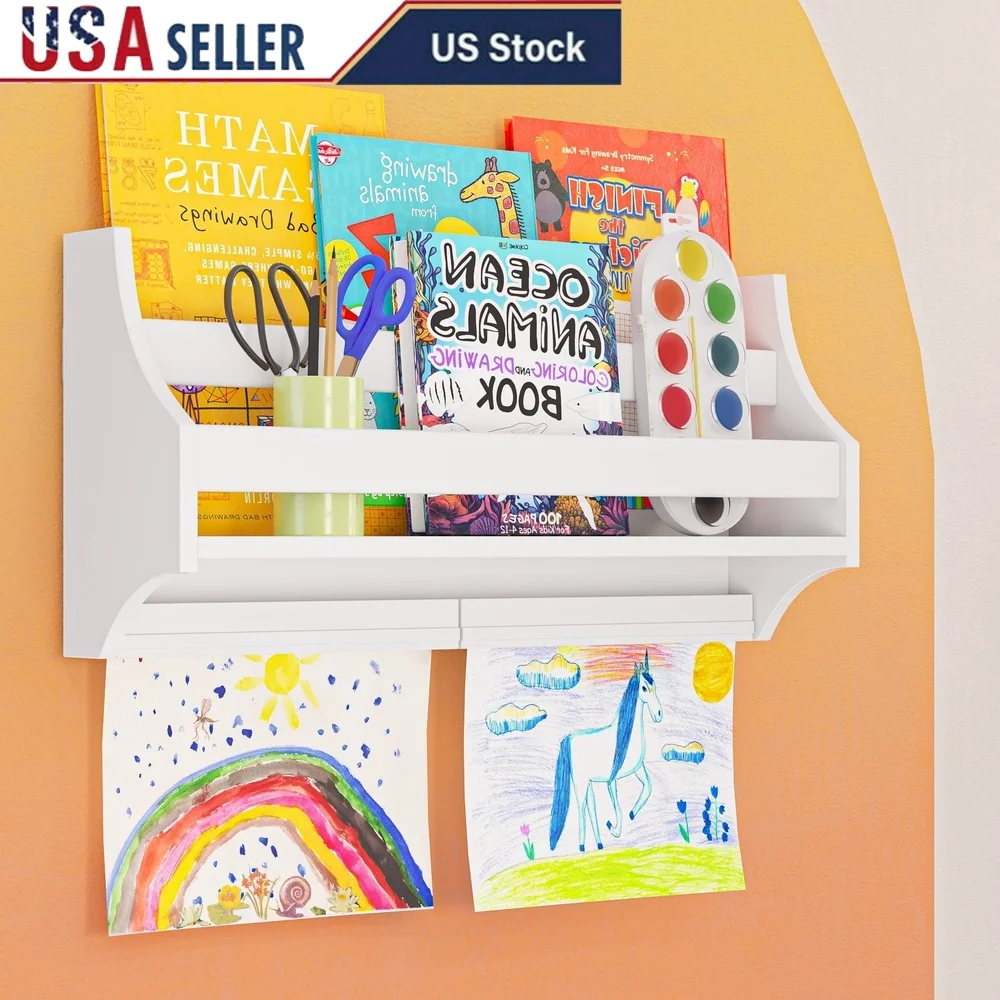 

Kids Wall Book Shelf with Magnetic Art Bars White Floating Storage Organizer Playroom Bedroom Easy Installation Holds 12 lbs