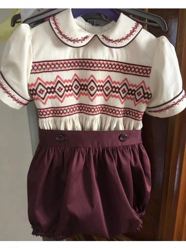 0-3Y Boy Summer Wine Red Smocked White Outfit Suit