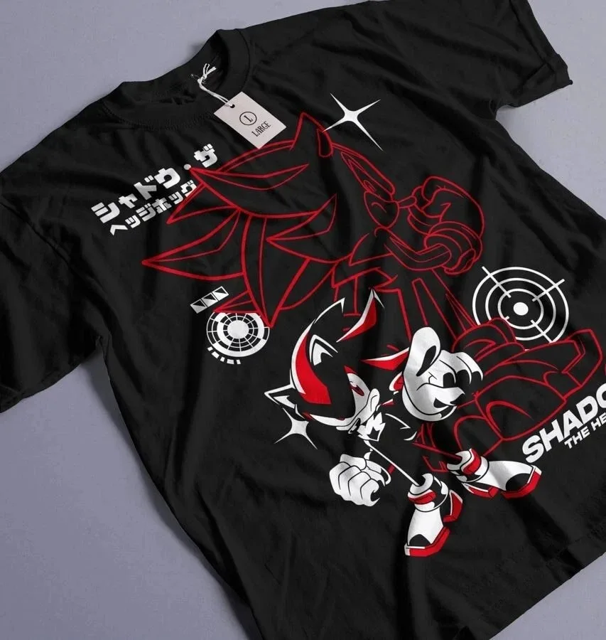 2026 Shadow The Hedgehog Dual-Charakter Grafikdruck T-Shirt Übergroßes Baumwoll-Casual-Streetwear-Shirt für Sonic-Fans