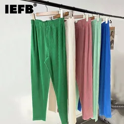 IEFB Men's Elastic Waist Straight Casual Pants 2023 New Japanese Streetwear Fashion Pleated Trousers High Waist Long Pants