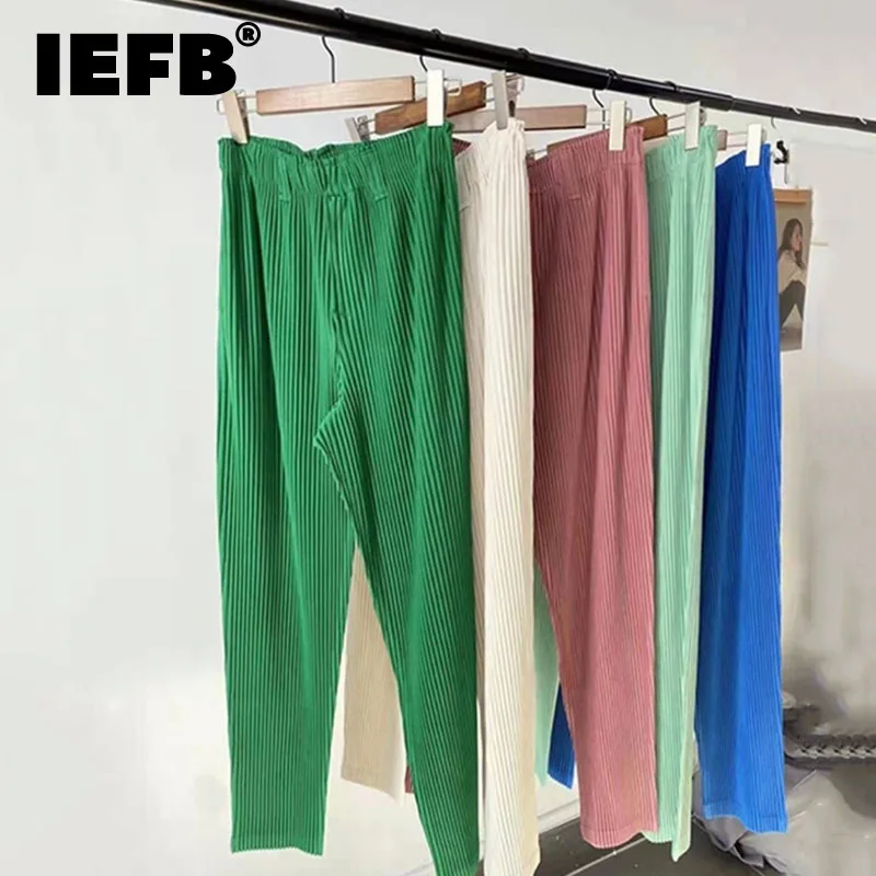 IEFB Men's Elastic Waist Straight Casual Pants 2023 New Japanese Streetwear Fashion Pleated Trousers High Waist Long Pants