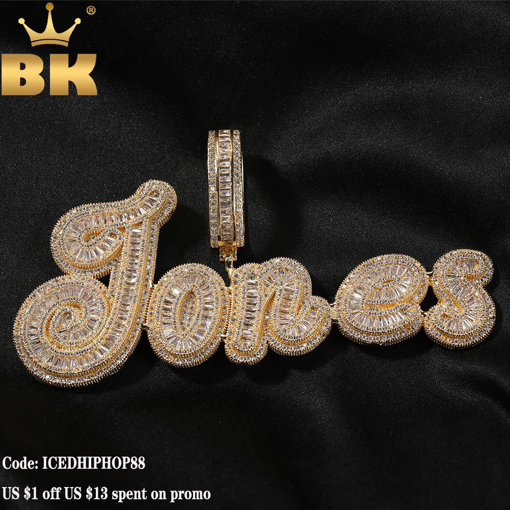 Colgante de nombre de letra cursiva THE BLING KING, collar de cadena de circonita cúbica Iced Out, joyería de hip hop, personalizado, Baguettecz