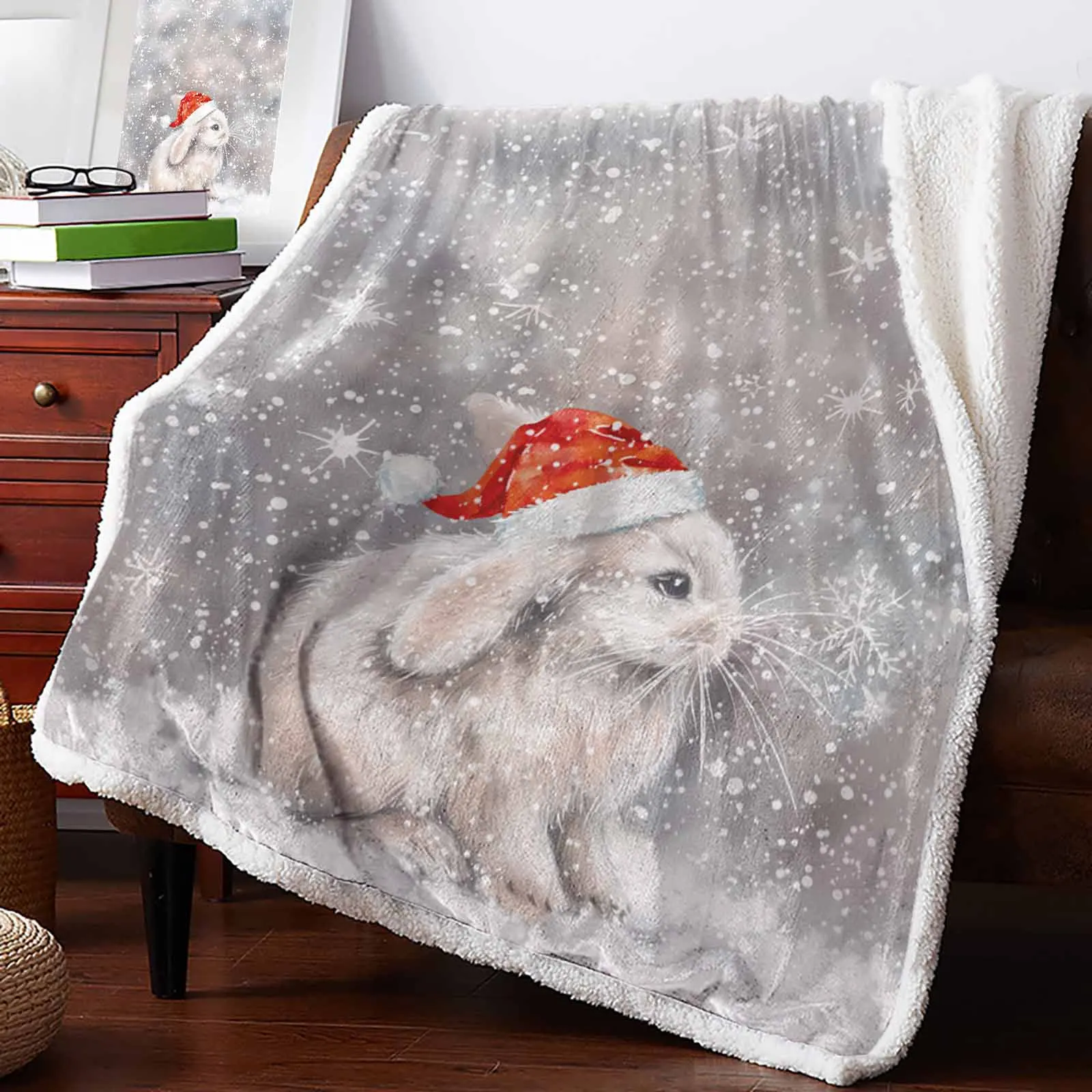 Christmas Winter Snowy Rabbit Cashmere Blanket Warm Winter Soft Throw Blankets For Beds Sofa Wool Blanket Bedspread