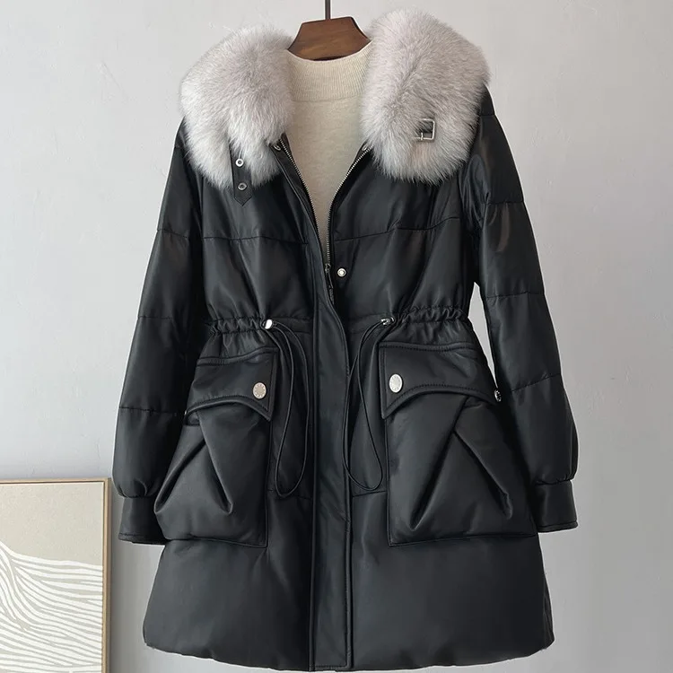 

2024 Haining New Winter Leather Down Leather Cotton Sheepskin Loose Fashion Fox Large Fur Collar Coat