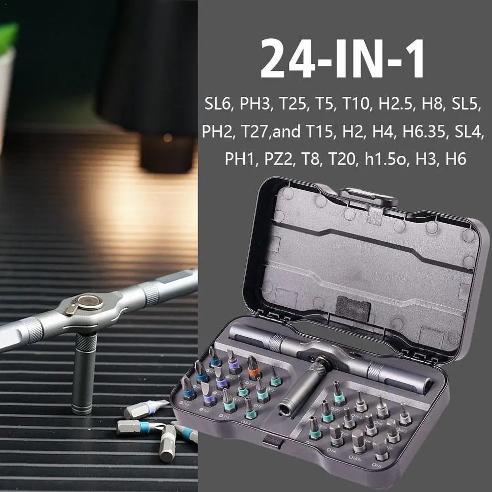 24 In 1 Multi-Function Ratchet Set,  Multi-purpose Ratchet Wrench Screwdriver S2 Magnetic Bits, Detachable T Ratchet Handle