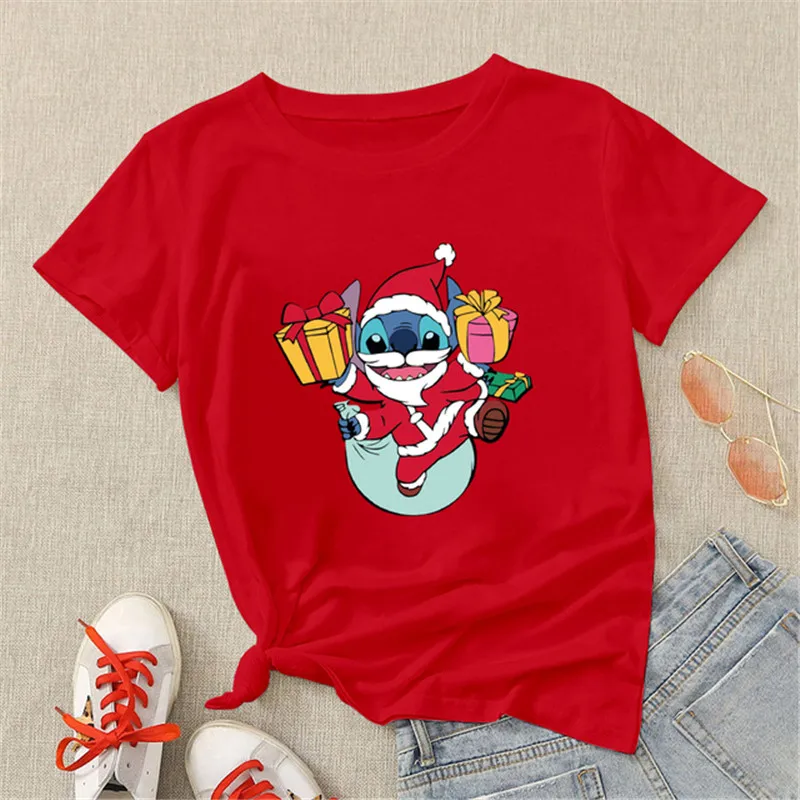 Fashion Christmas Hats with Stitch T Shirt Women Cartoon Tops Merry Christmas Gifts Cute Anime T-shirt Female Tshirt Clothes