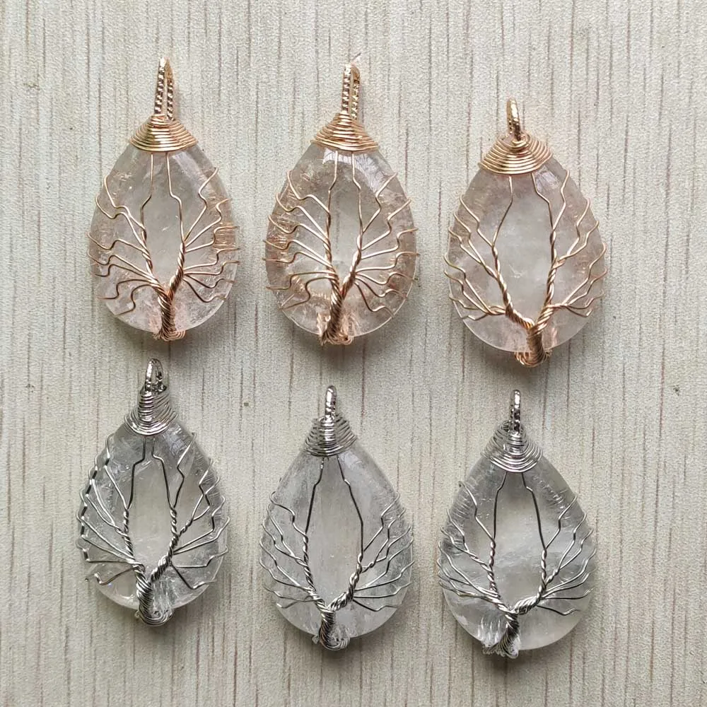 Natural white crystal Wire Wrap handmade tree of life drop shape pendants diy jewelry making free shipping Wholesale 6pcs/lot