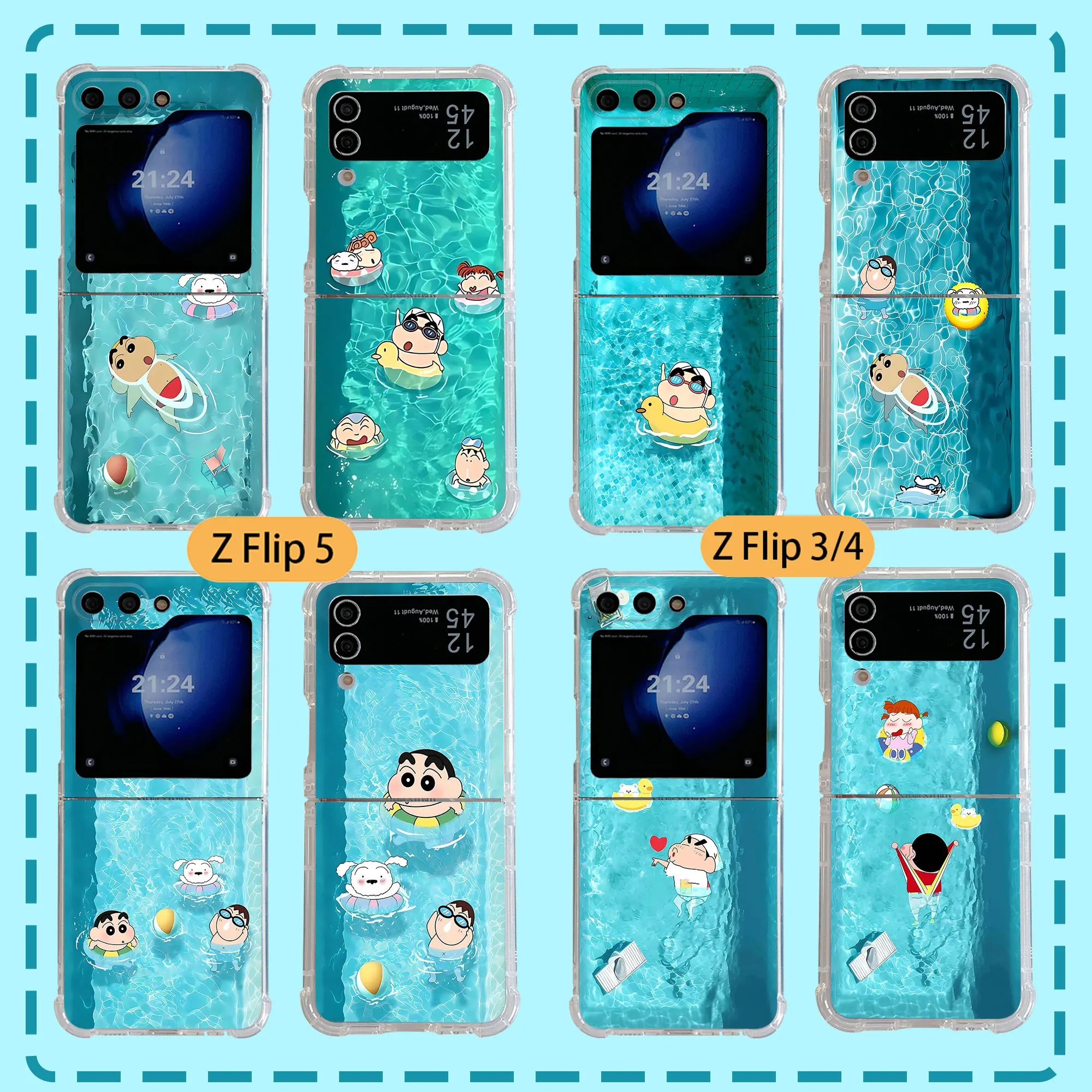 Shinchans Swimming Pool Crayons Phone Case for Samsung Galaxy Z Flip 3 4 Z Flip 5 6 Z Fold 4 5G PC Soft Anti-fall Back Cover