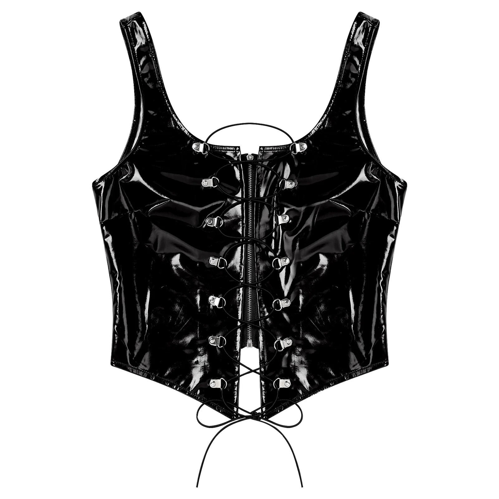 Womens Patent Leather Tank Tops Lace-up Zipper Irregular Hem Corset Vest Tops Back Camisole Music Festical Clothings Clubwear