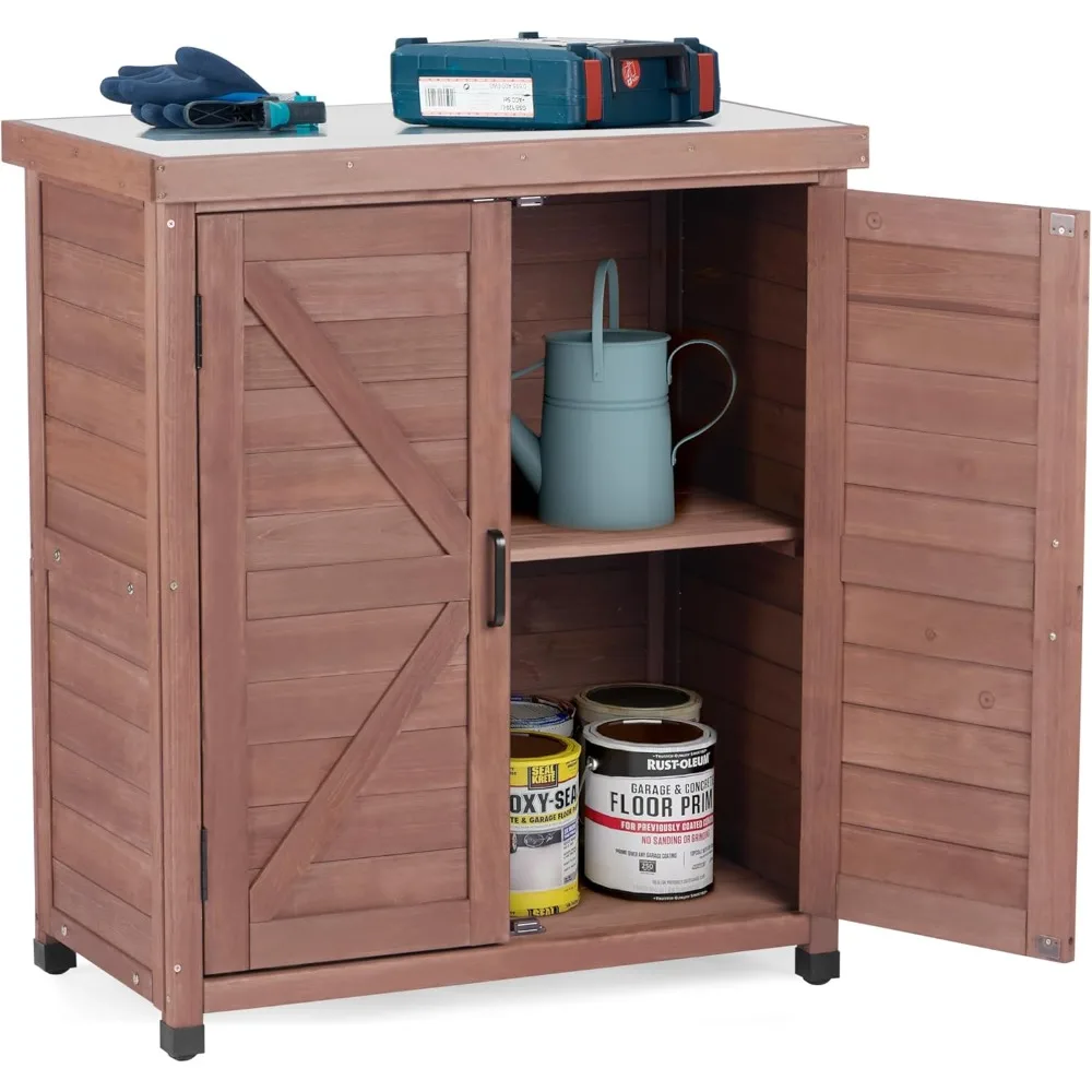 Ławka do doniczek na zewnątrz z szafką do przechowywania i metalowym blatem, stacja robocza z drewna na patio na świeżym powietrzu, w ogrodzie