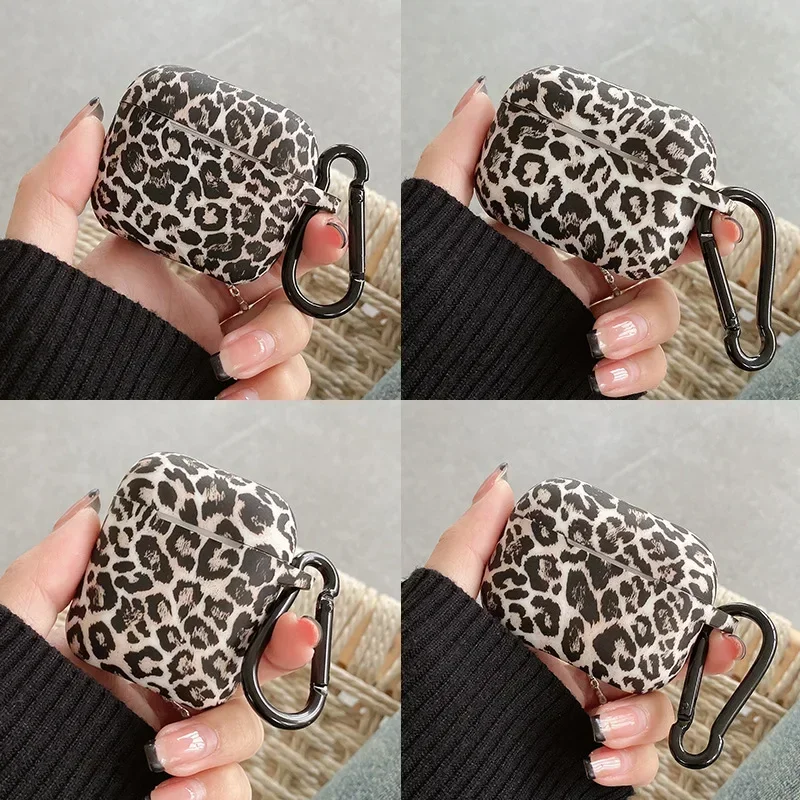 Silicone Leopard Print Earphone Case with Hook Shockproof Protective Cover for Airpods Pro/Pro2/1rd/2rd/3rd/4rd Generation