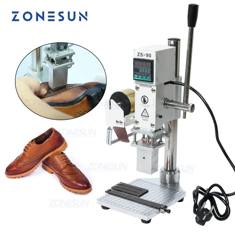 Zonesun máquina de carimbo quente, gravação em relevo, logotipo, marca registrada, manual, máquina de bronzeamento para sapatos de couro, prensagem a frio e calor