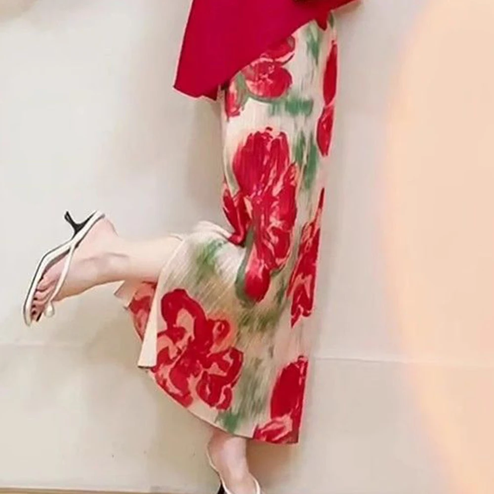 تنورة صيفية حمراء جميلة للغاية بدون أكمام تنورة كبيرة مطبوعة بالزهور ملابس نسائية فضفاضة y2k
