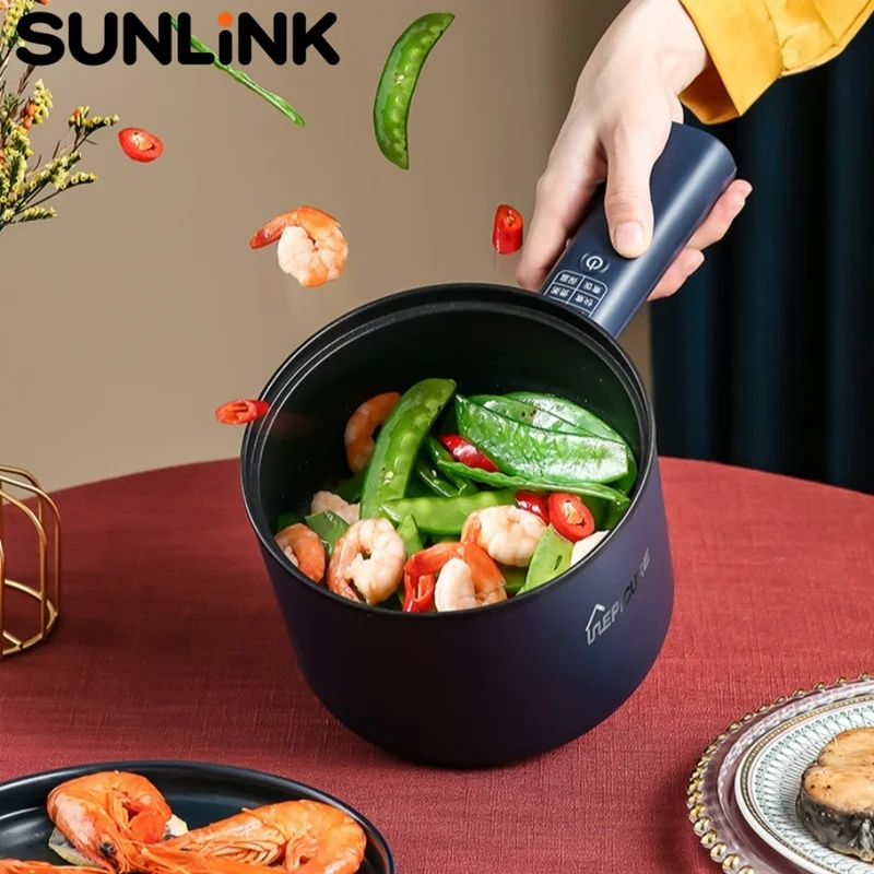 1pc 220V Electric Rice Cooker Long Handle Non-Stick Mini Hot Pot Portable Electric Skillet for Dorm Home Boil Fry Braise Stew