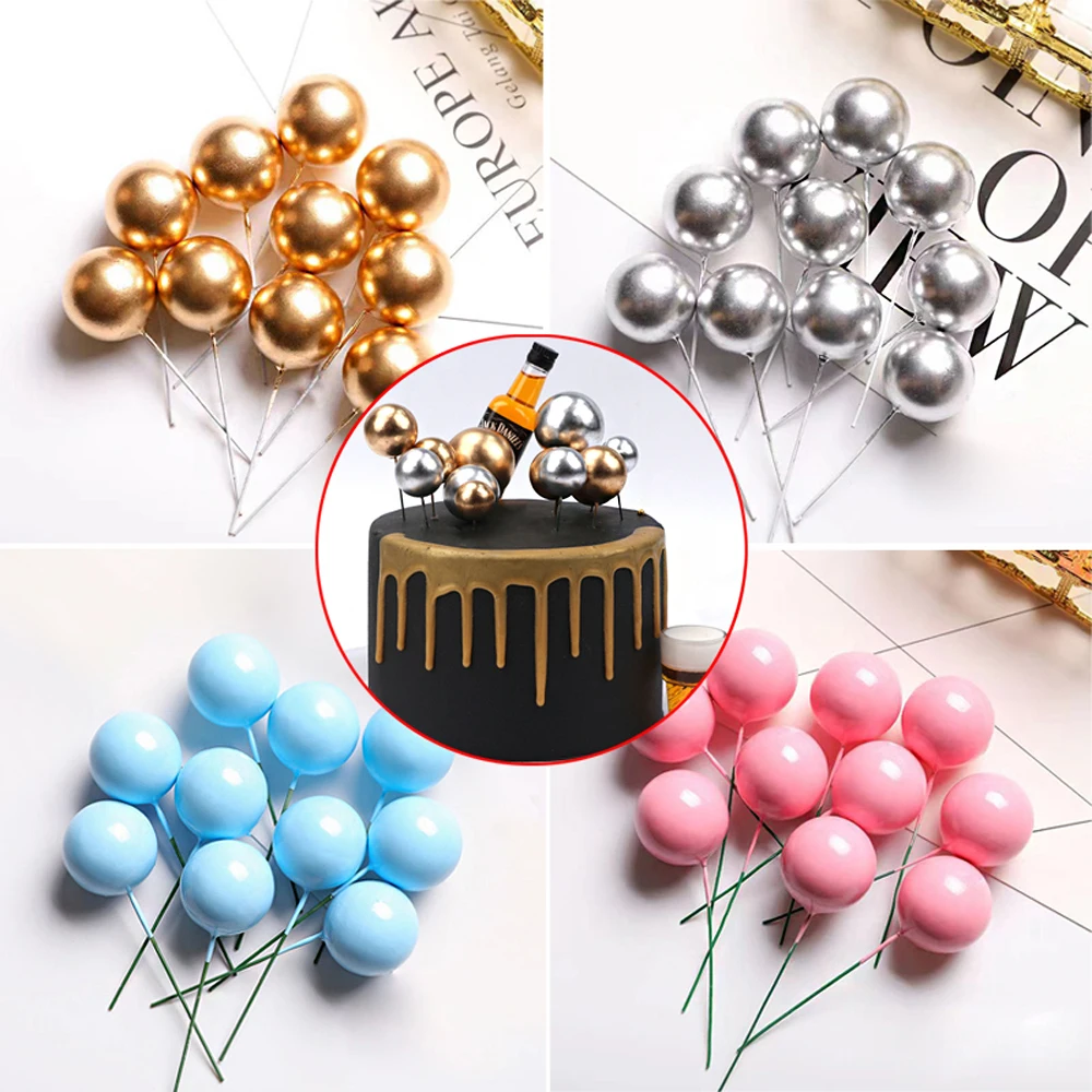 

10pcs Metal Ball Cake Topper Creative DIY Cake Decor For Wedding Birthday Party Decorations Gold Silver Blue Pink Cupcake Topper