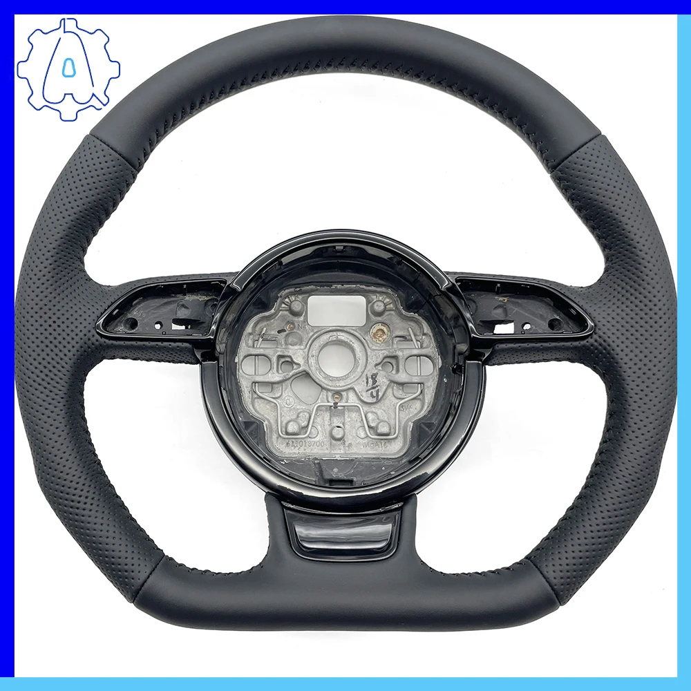 

For Audi A6 C7 black stitched perforated leather sports flat bottomed steering wheel, Car Accessories