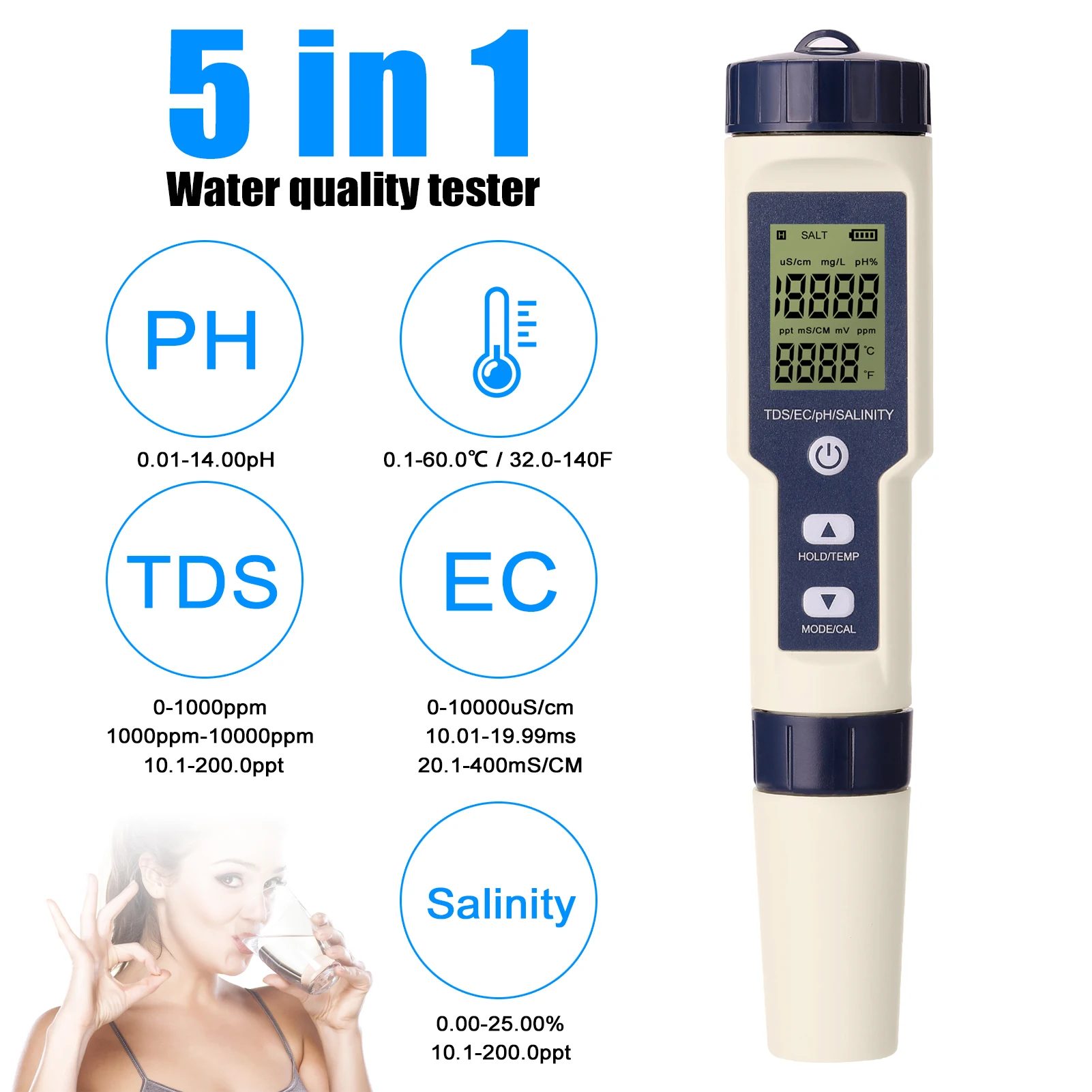 

5 in 1 Professional Multi-parameter Combo Testing Meter PH/EC/TDS/Salinity/Thermometer Digital Tester Water Quality Tester