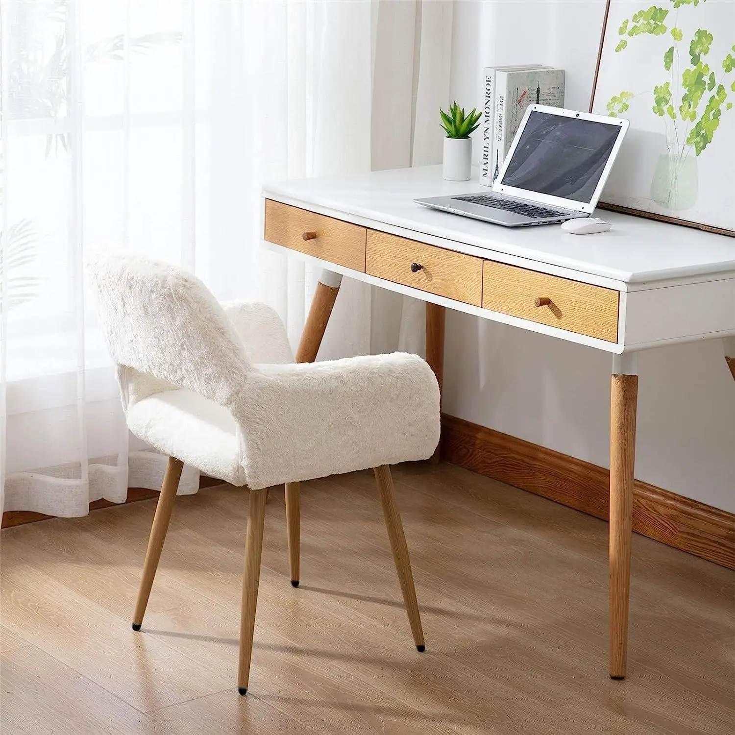 

Henf Faux Fur Office Chair In White,Side Chair Armchair Desk Chair Dining Chair, Modern Leisure Living Room Chair, Vanity Chair