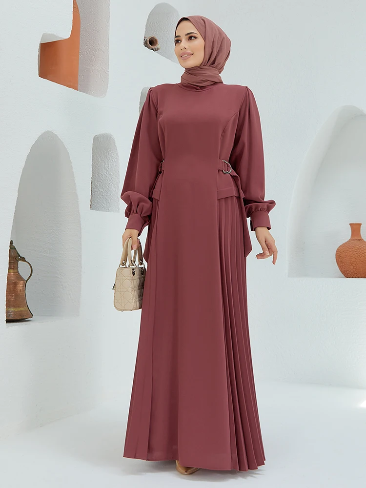 Side Pleated Long Length Women's Dress Islamic Muslim Hijab Clothing Balloon Sleeve Full Sleeve Made in Turkey