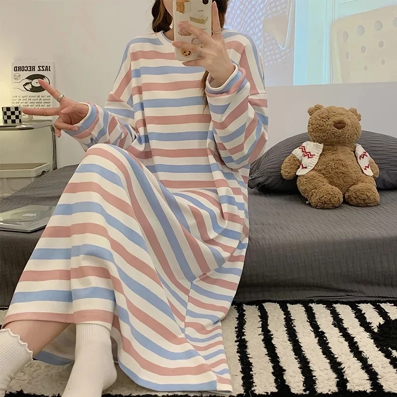 Plus Size 5XL 150kg Autumn Long Sleeve Night Dress Women Sleepwear Lingerie Striped Nightgowns Women Pajama Night Wear