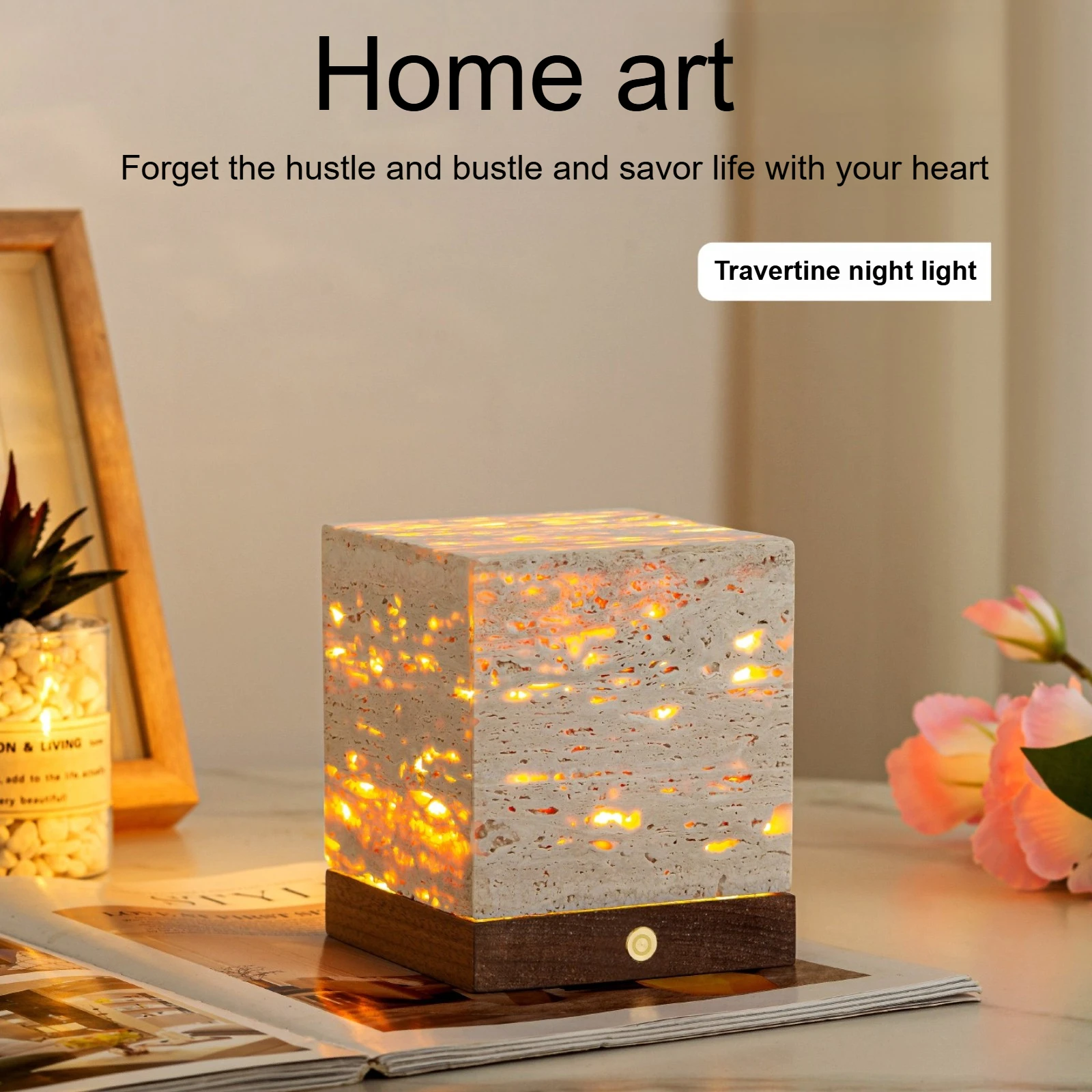 Travertine LED Night Light, Modern Stone Table Lamp, Rechargeable Bedroom Bedside Sofa Table Night Light, Art Lighting Fixtures view 3