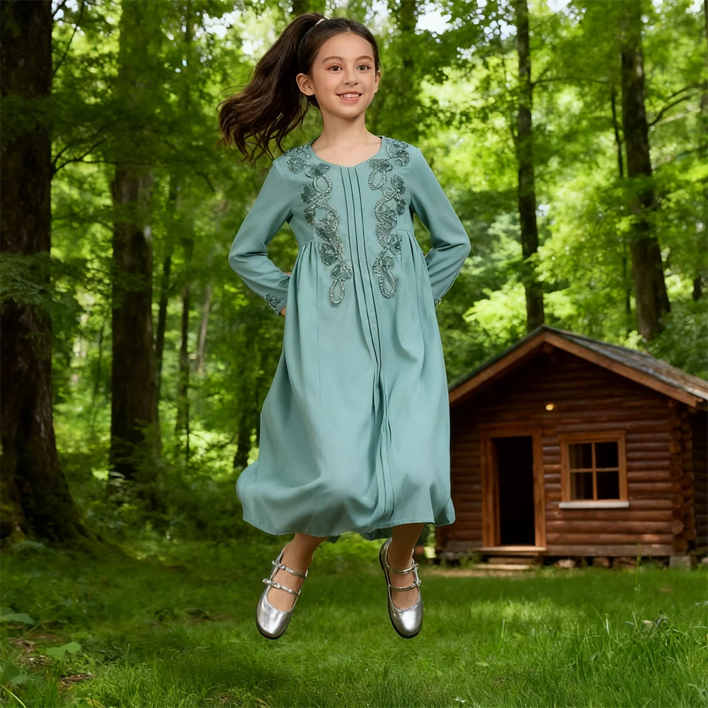 

Мусульманское платье с бусинами для девочек, платье Рамадана Джеллаба, Дубай, кафтан, марокко, арабский халат, детские праздничные платья, кафтан, платье