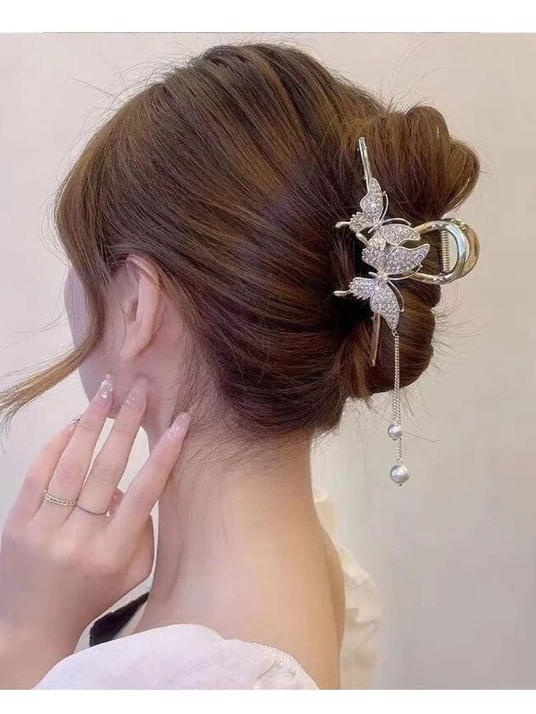 Gold High-End Ancient Style Tassel Pearl Metal Butterfly Double Flying Clip Large Hair Shark Clip hair clips for women  머리핀