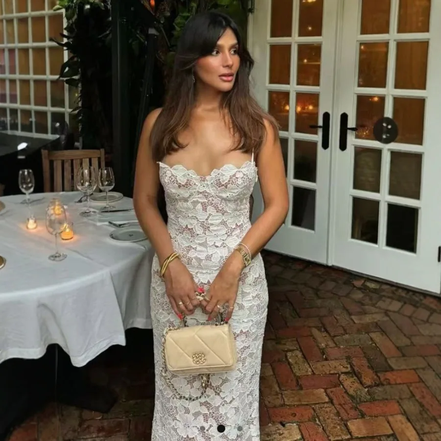 

White lace tube top long dress European and American socialite style sexy slim slimming dress European and American hot dress