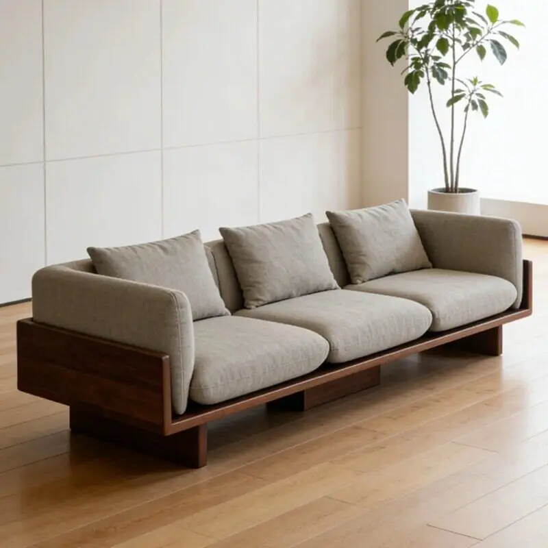 Solid wood sofa Modern living room Three-person sofa Cotton and linen fabric B & B hotel Sample room