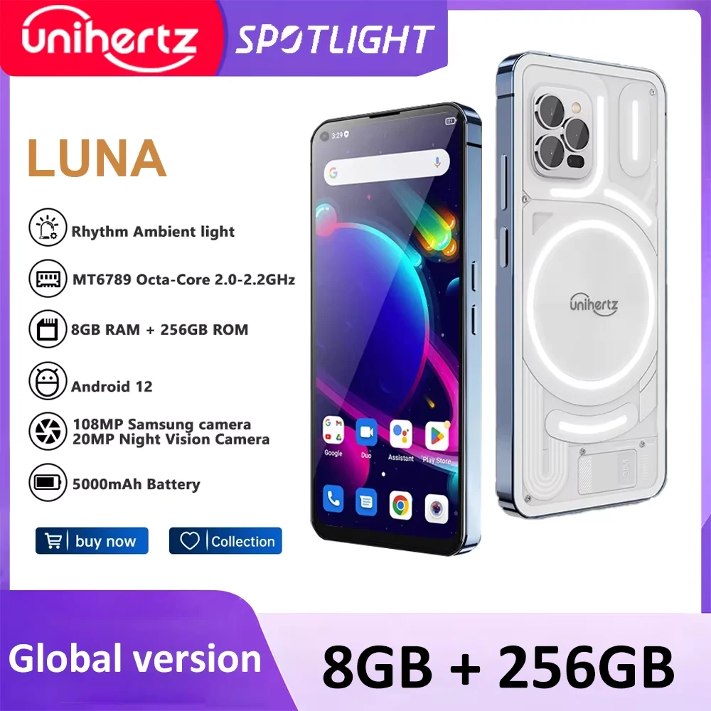 Unihertz Luna Smartphone Rhythm Ambient Light 8GB 256GB 108MP G99 Mobile Phone Night Vision Cellphones