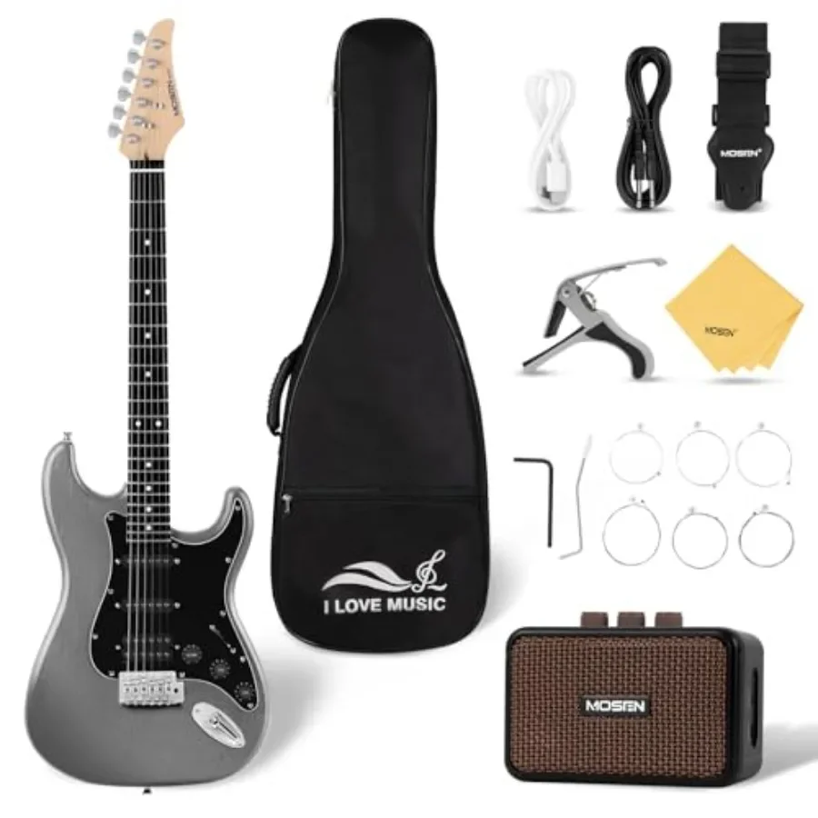 

Electric guitar for beginners, alder body with maple neck, black finish, HSS pickups and tremolo system for versatile tone and