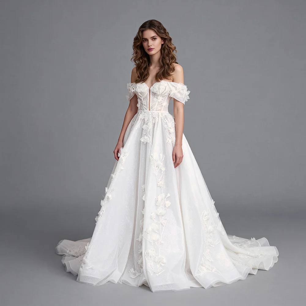 

Shiny Tulle Wedding Dress Applique 3D Floral Lace Off Shoulder Bridal Gown Bespoke Occasion Dresses for Special Occasions