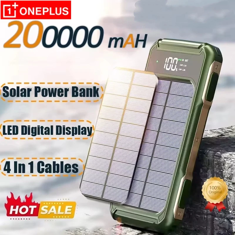 

0nePlus 200000mAh Large Capacity Solar Power Bank 4 in 1 Built in Cable Fast Charging Mobile Power Battery LED Light For iPhone