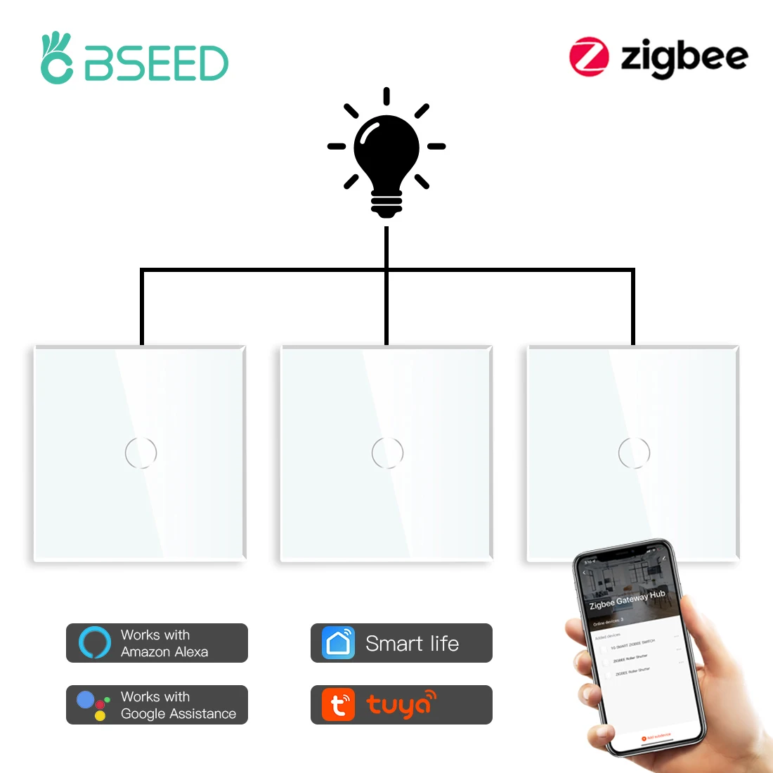 BSEED Zigbee Touch Switches 1Gang 3Way Smart Light Switches For Stairs Tuya Google Home Alexa Control No Neutral Version 3Pack