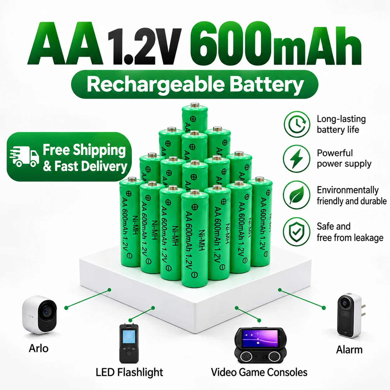 1.2V AA 600mAh Ni-MH Rechargeable Battery High Capacity Cell for Solar Garden Lights, Clock, Electric Shaver, Mouse