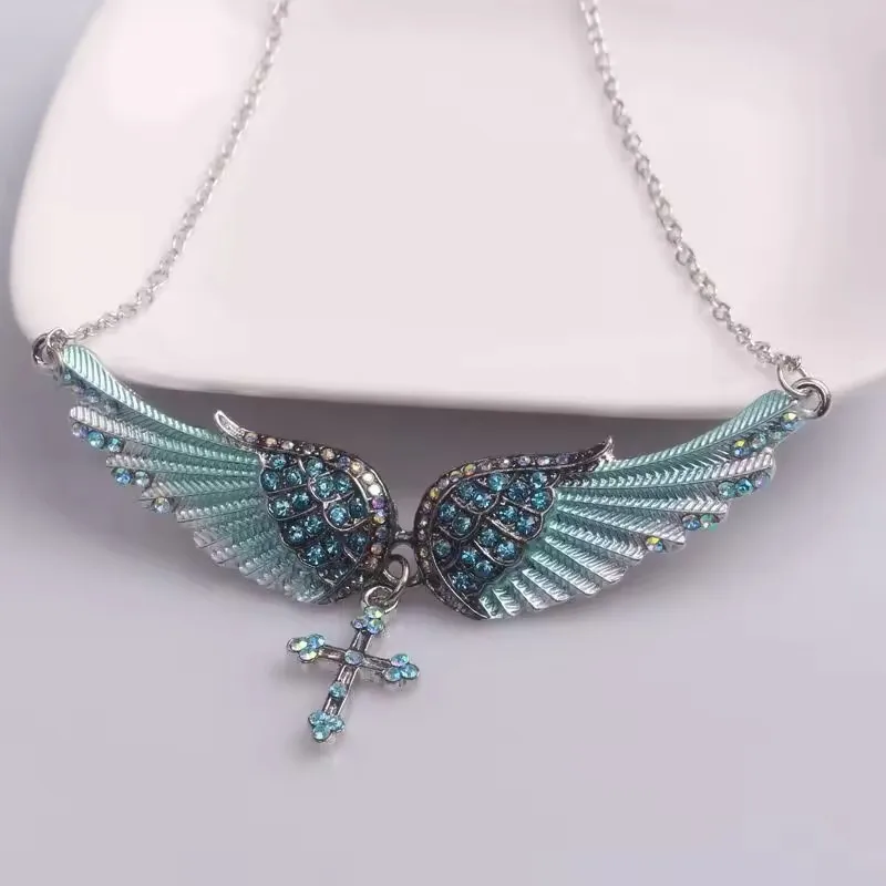 Fashion Blue White Pink Charm Crystal Angel Wings Cross Pendant Necklace Shellhard Vintage Jewelry For Women Bridal Wedding Gift