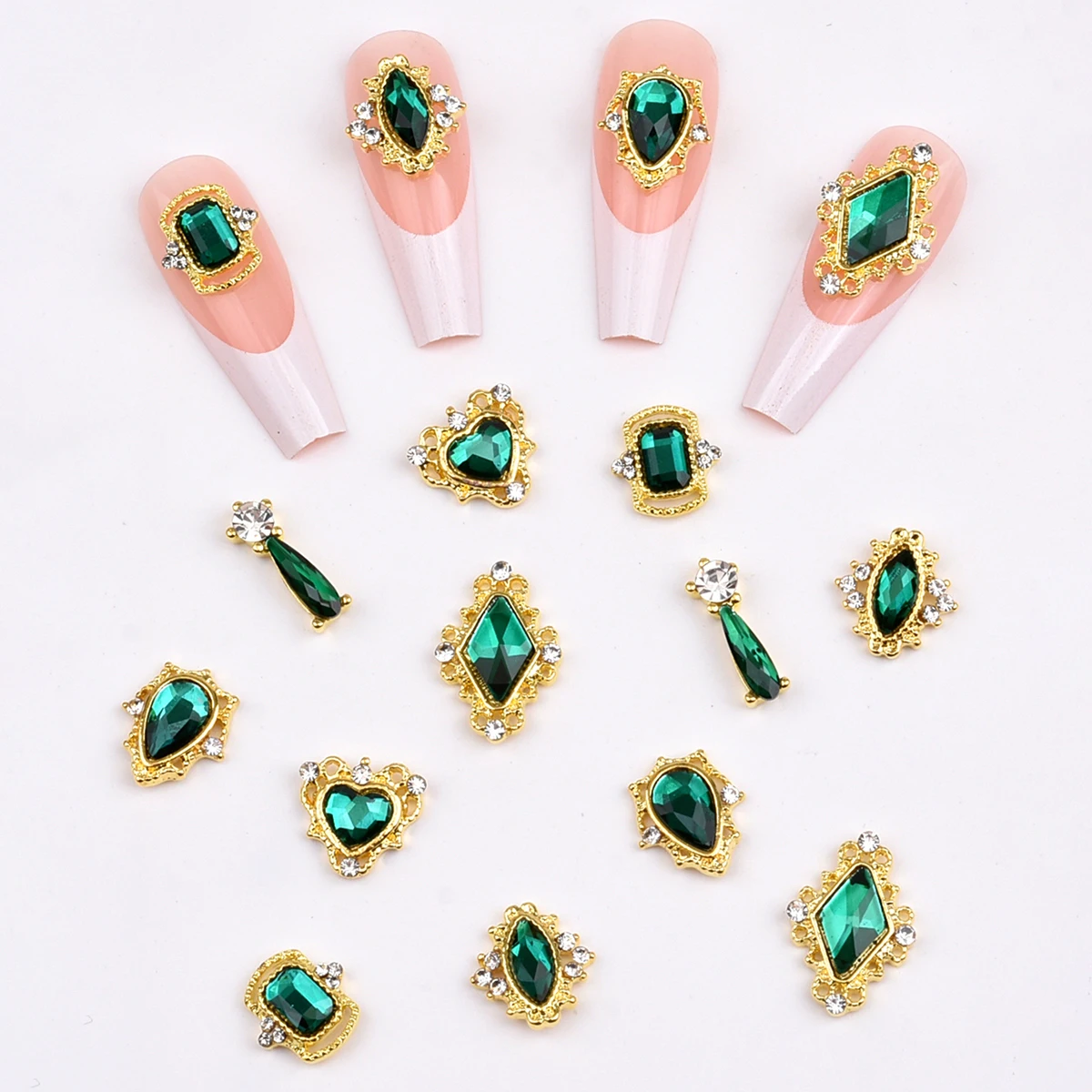 30pcs/Box Crystal Ab Green Shape Nail Rhinestone Gold 3D Nail Charms Drop Heart Rhombus DIY Crafts Nail Decoration NJ23907-11