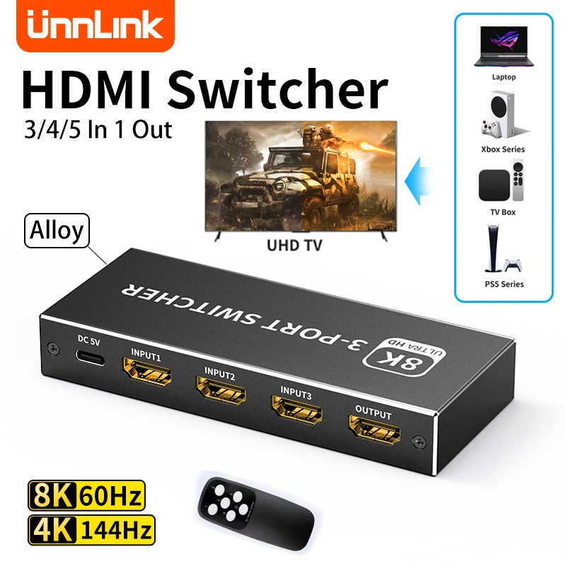 Unnlink HDMI Switcher 4K 144Hz HDR 3D Video Splitter 3/4/5 In 1 Out For PS4/5 Macbook Pro Game Console Switch Share 1 Monitor TV