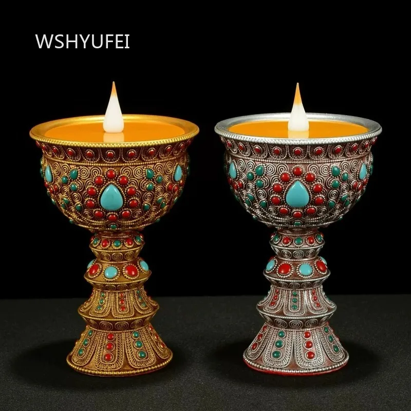 Tibetan Style Inlaid Gem Butter Lamp Golden Embossed Pedestal Lamp Holder Electronic Wick Altar Offering Ornament Shrine Worship
