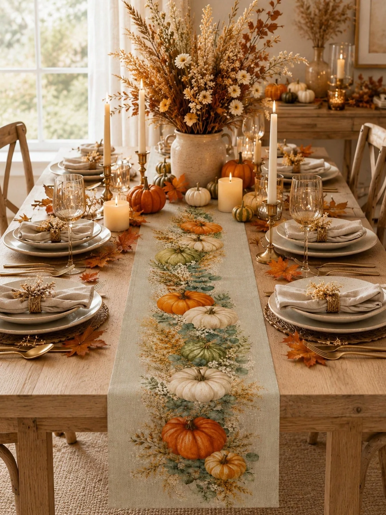 1pc-Autumn Linen Table Runner,Sage Green Pumpkin Table Decor, Neutral Fall Farmhouse Table Runner For Dining Table