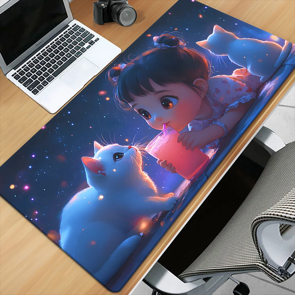 1pc The Girl Drinking Juice And The Little White Cats Mouse Pad, Keyboard Gaming Accessories Mouse Mat, Computer PC Gamer Laptop