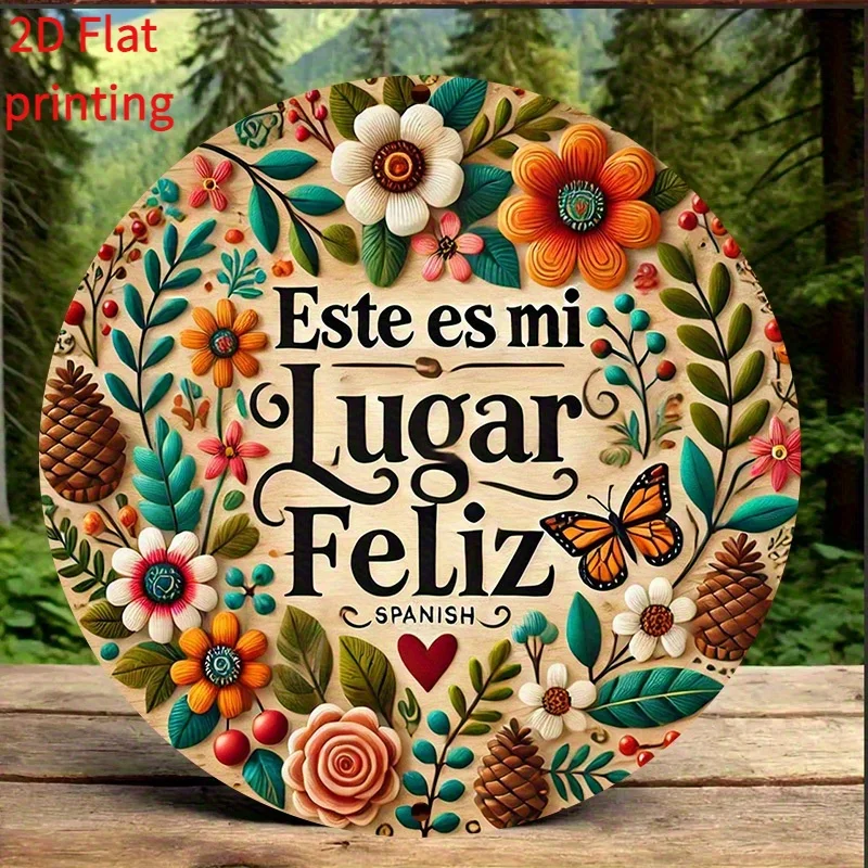 [فن حائط إسباني عتيق] لوحة فنية جدارية خشبية ذات اقتباس إسباني عتيق - علامة زخرفية "Esta Es Mi Lugar Feliz" مع زهور وبوتاني