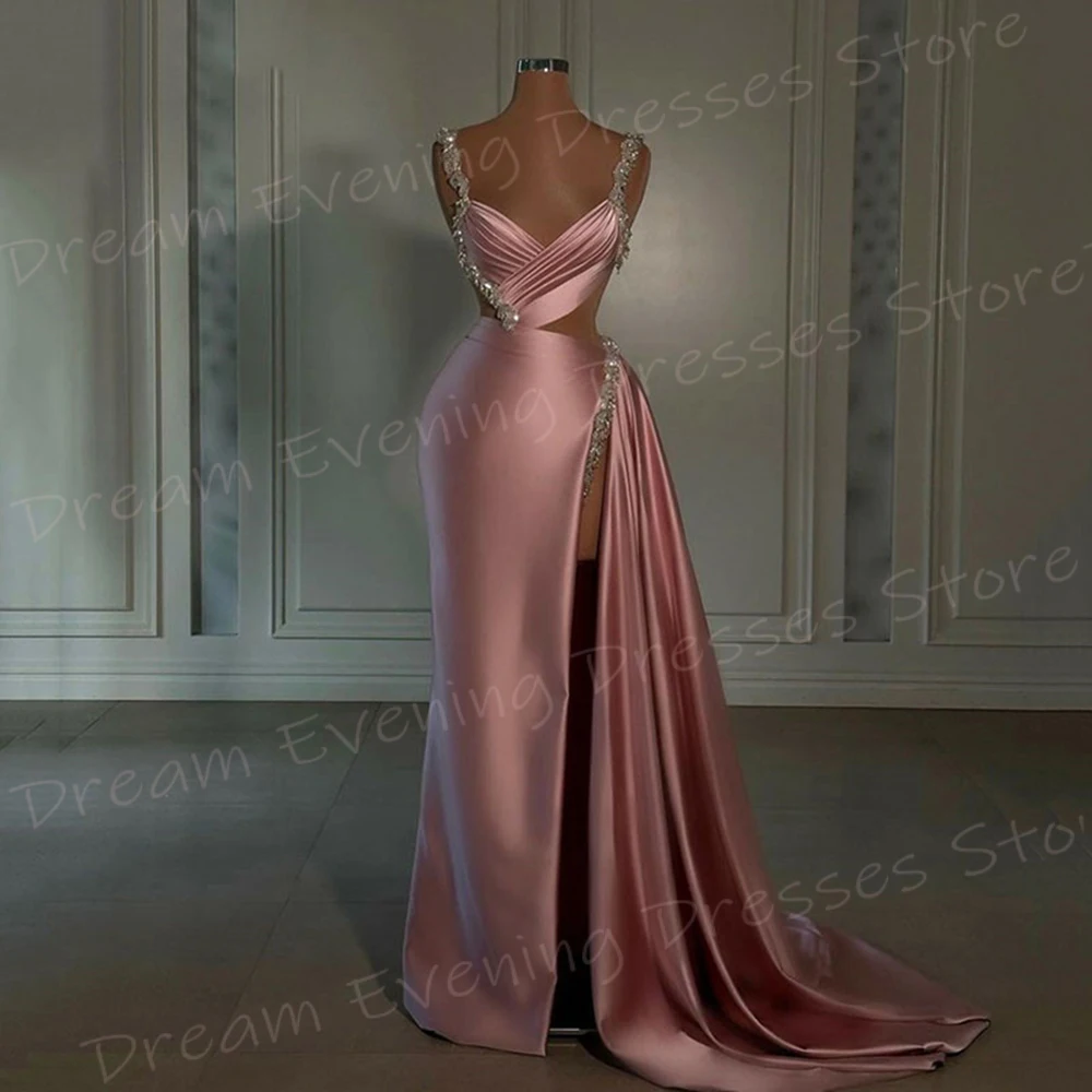 Robe de soirée sirène rose pour femme, tenue gracieuse, moderne, bretelles spaghetti, en fibre, perlée, sexy, fendue