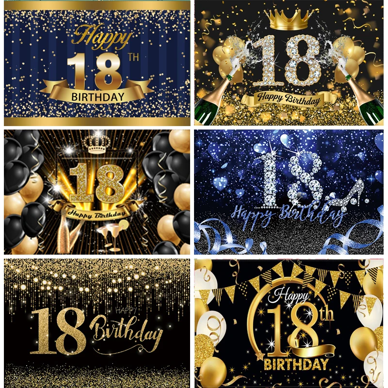 

Black Gold 18th Birthday Backdrop Banner Boys 18 Years Old Birthday Party Custom Photography Background Photo Studio Props